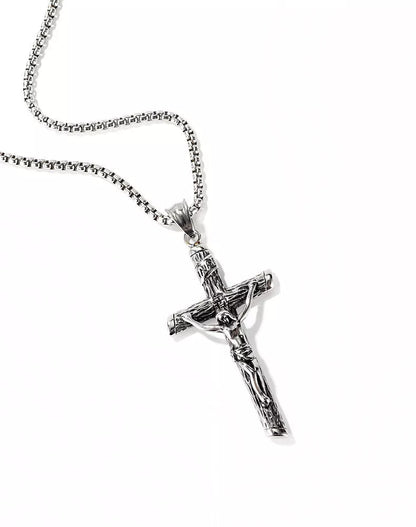 Mens adjustable titanium steel Jesus cross pendant necklace with pearl chain