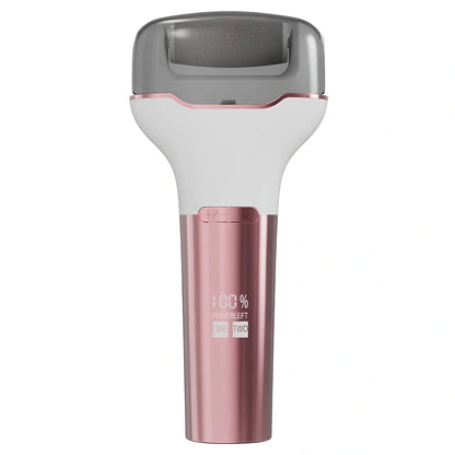 Electric foot grinder with digital display in rose pink colour, showing compact 173×80×30mm waterproof design