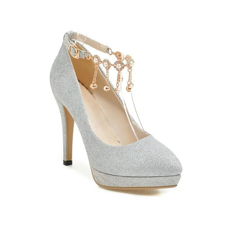Women's blue platform stiletto heels with special fabric upper, shown in shallow mouth cut for ankle.