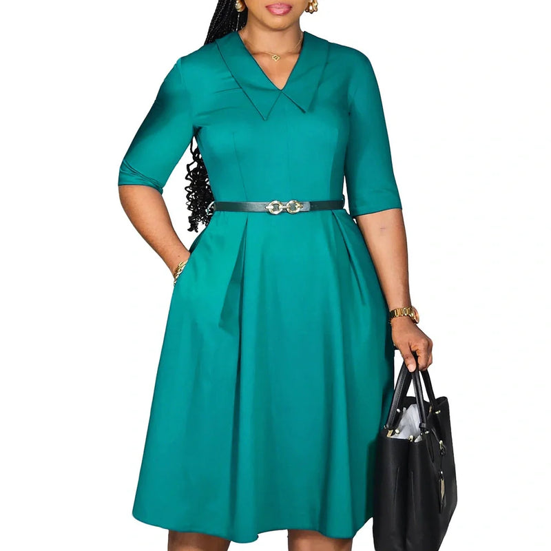 African dress with half sleeves and matching belt in solid colours, available in six sizes from S to XXXL with high waist design for a flattering silhouette