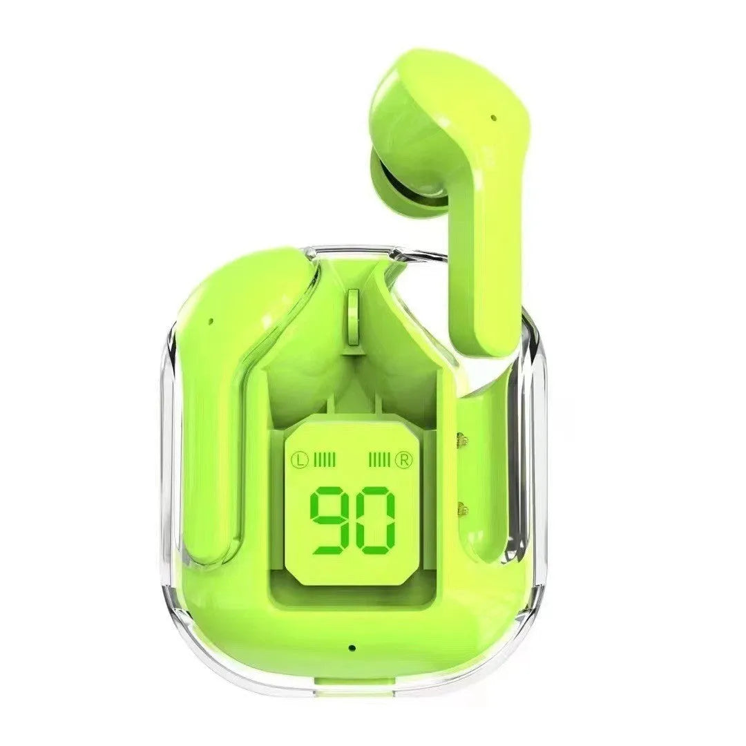 Transparent capsule case containing true wireless Bluetooth earbuds in light blue, showing digital display.