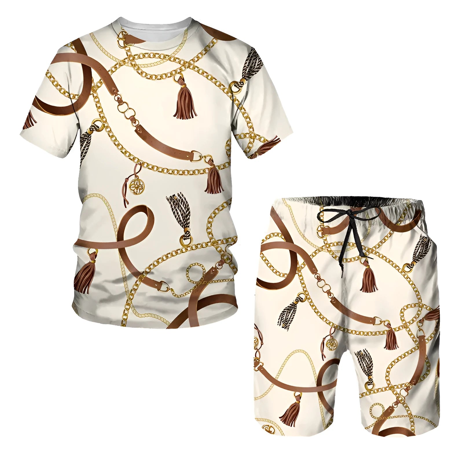 Chain pattern digital printed short sleeve T-shirt and shorts matching suit set for summer.