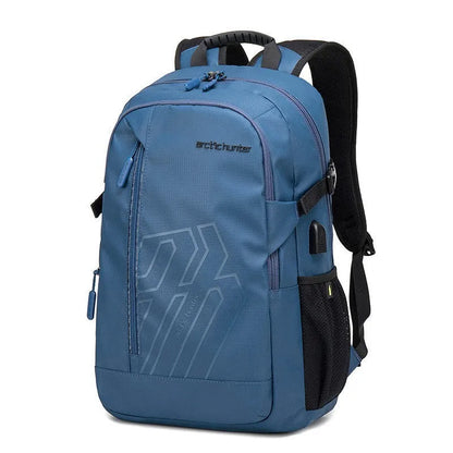 Blue plaid polyester 18-inch laptop backpack with a curved breathable shoulder strap, shown open.