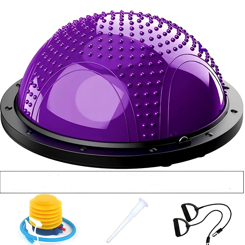 Blue Pilates exercise ball with inflation pump and storage accessories for home fitness