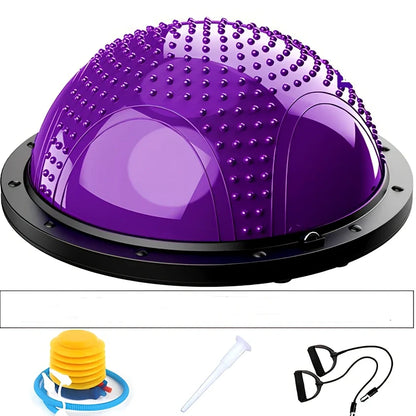 Blue Pilates exercise ball with inflation pump and storage accessories for home fitness