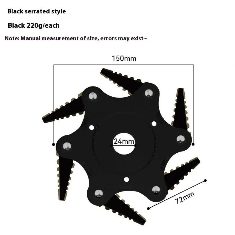 Agricultural alloy six-leaf knife grass head with black flat tooth blades and 28cm cutting diameter