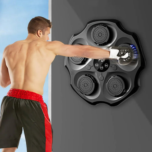 Black hanging boxing wall target with Bluetooth connectivity and included gloves for home fitness training