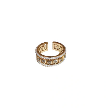 Elegant pearl hollowed-out square open-end zircon ring for women, fashion jewelry with geometric design.