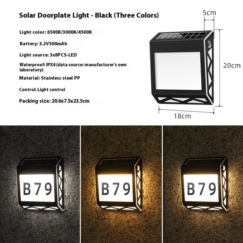Solar powered outdoor doorplate light with waterproof housing and LED illumination
