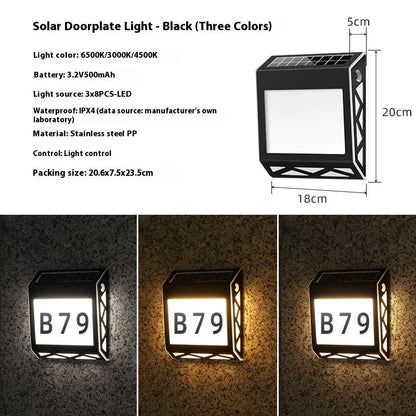 Solar powered outdoor doorplate light with waterproof housing and LED illumination