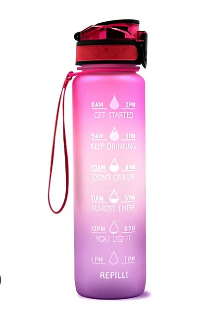 Tritan sports water bottle with frosted gradient finish and flip-top lid showing blue-red colour transition