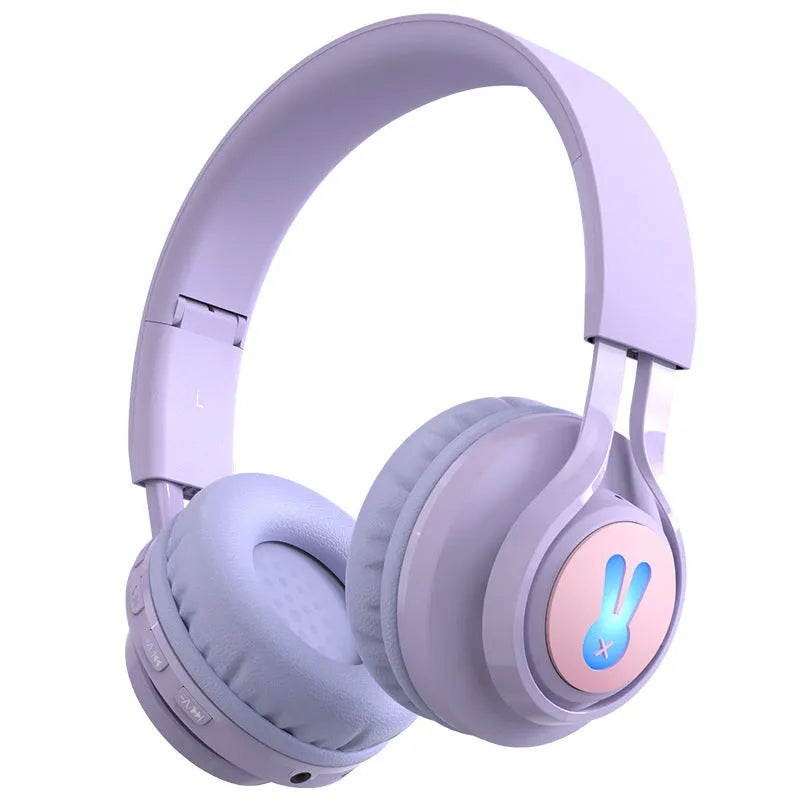 Wireless children's headphones with RGB lighting in bunny purple colour