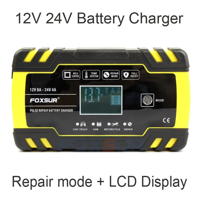 Battery charger with screen display showing charging parameters for 12V and 24V lead-acid batteries