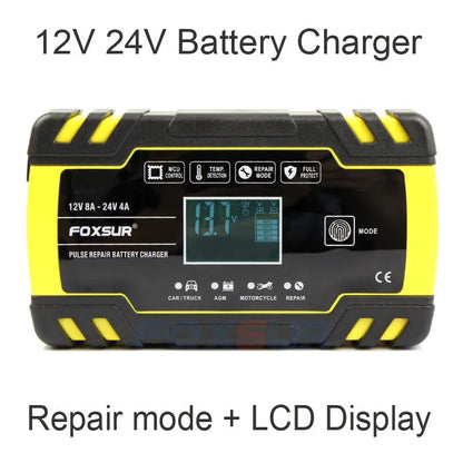 Battery charger with screen display showing charging parameters for 12V and 24V lead-acid batteries