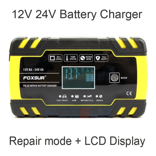 Battery charger with screen display showing charging parameters for 12V and 24V lead-acid batteries