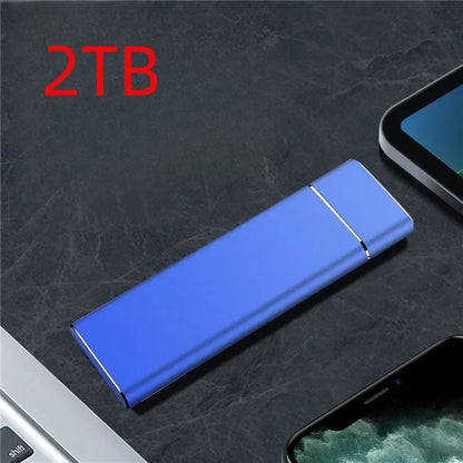Sapphire blue portable solid state hard drive with metal case measuring 10.3cm