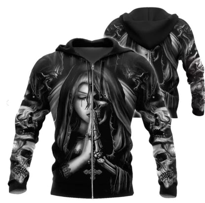 A grey hooded sweatshirt featuring a large 3D printed graphic of an anime-style skull, with the hood up.