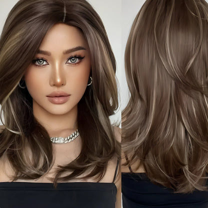 Mid-length curly synthetic wig with long bangs in a platinum gradient colour, shown on a wig stand.