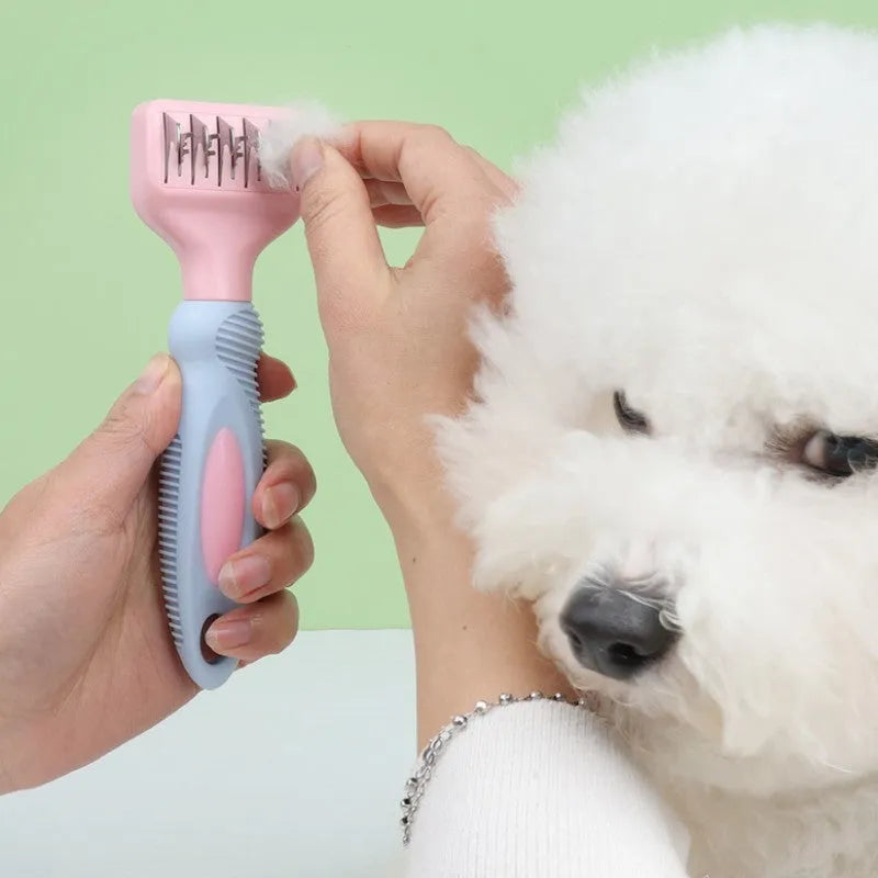Stainless steel pet grooming comb with knot knife in pink or purple colour options