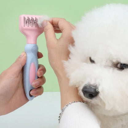 Stainless steel pet grooming comb with knot knife in pink or purple colour options