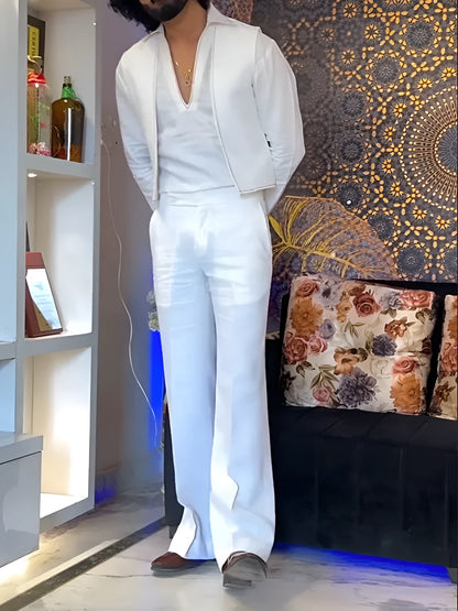 White three-piece polyester outfit showing V-neck shirt, sleeveless vest, and full-length trousers
