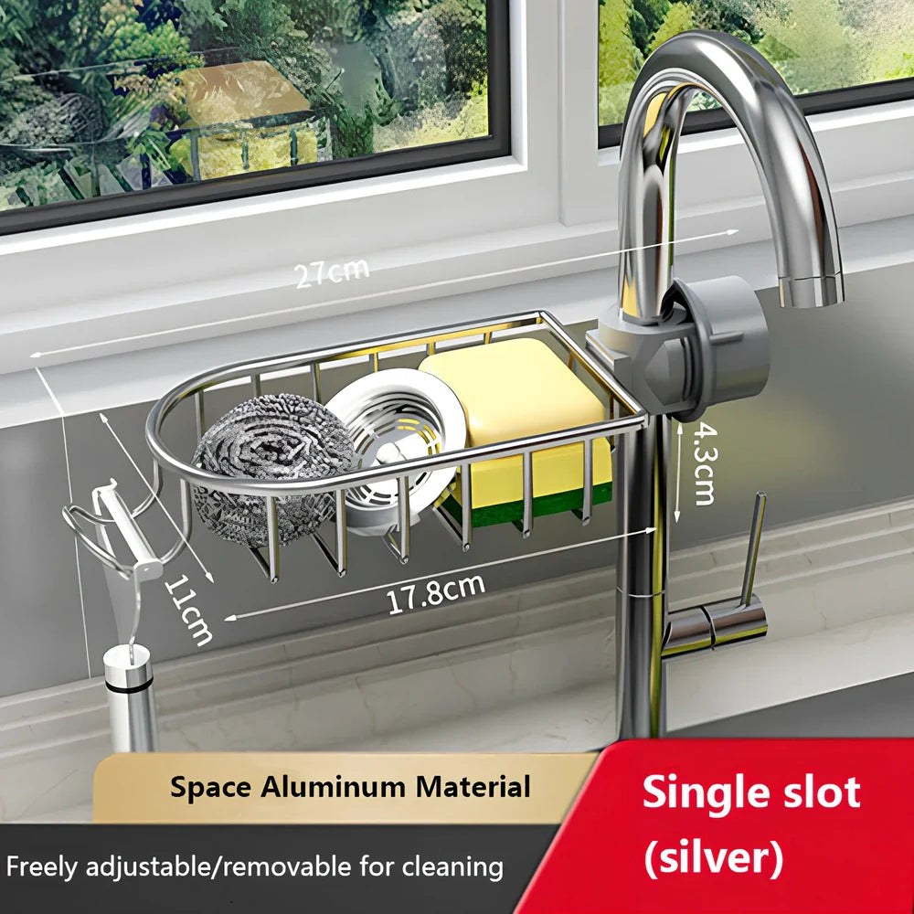 Silver aluminium kitchen storage rack with two tiers and towel rail for utensil organisation