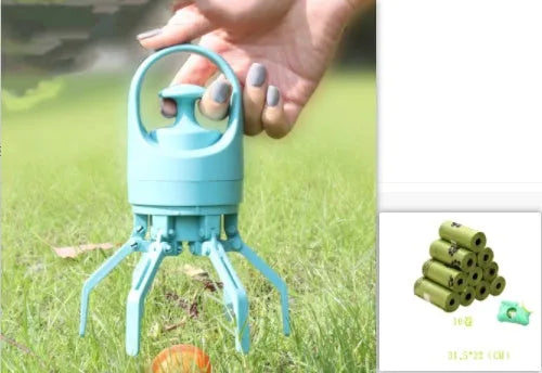 Blue portable plastic dog pooper scooper with eight-claw shovel and built-in bag dispenser