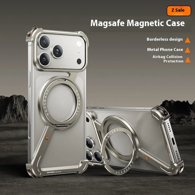 Black electroplated aluminium alloy iPhone 17 Pro Max case with integrated magnetic bracket