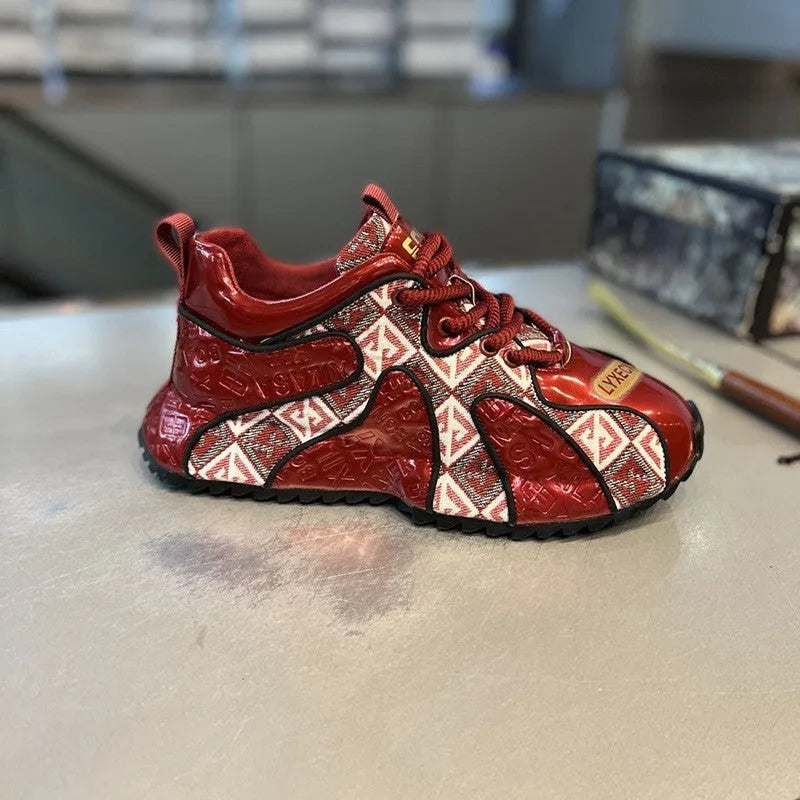 Men's embroidery stitch platform casual shoes in scarlet colour with round toe and lace-up front