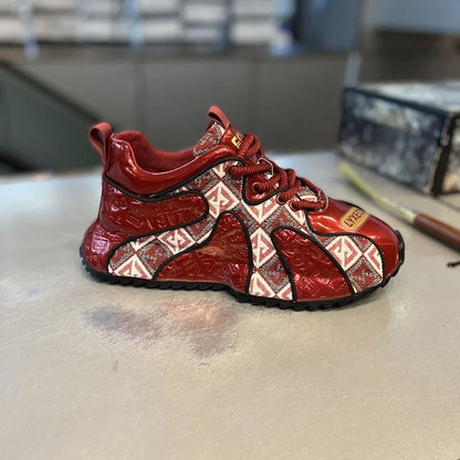 Men's embroidery stitch platform casual shoes in scarlet colour with round toe and lace-up front