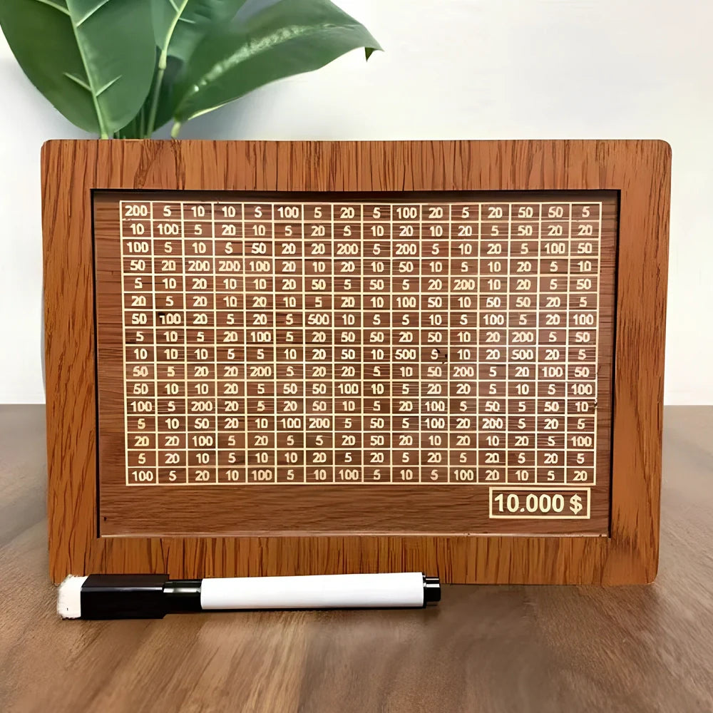 Wooden piggy bank with coin counter and side opening mechanism measuring 20cm