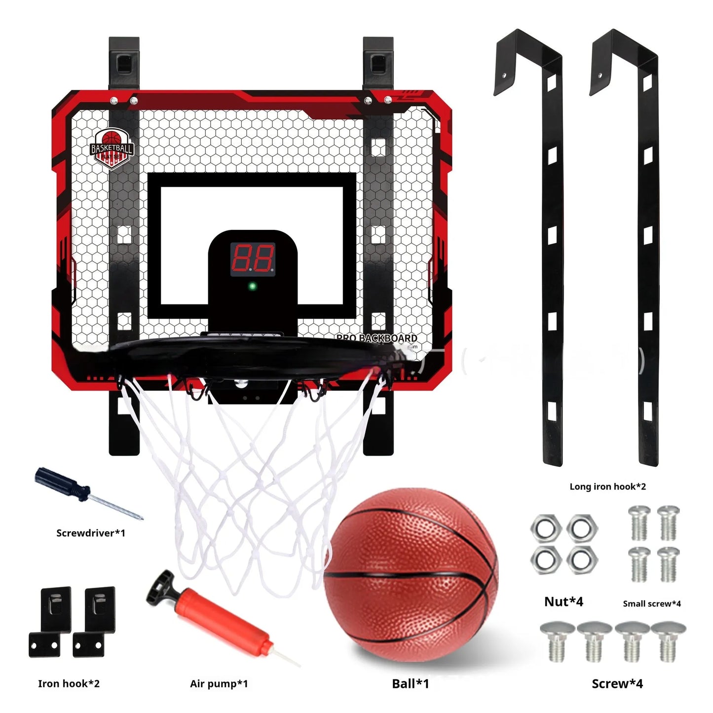 Red folding basketball frame with suction cups mounted on door, showing 400x300mm panel and 16cm ball