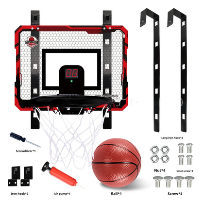 Red folding basketball frame with suction cups mounted on door, showing 400x300mm panel and 16cm ball