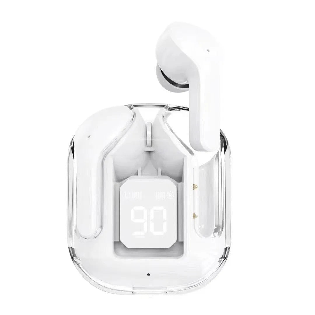 Transparent capsule case containing true wireless Bluetooth earbuds in light blue, showing digital display.