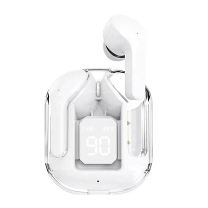Transparent capsule case containing true wireless Bluetooth earbuds in light blue, showing digital display.