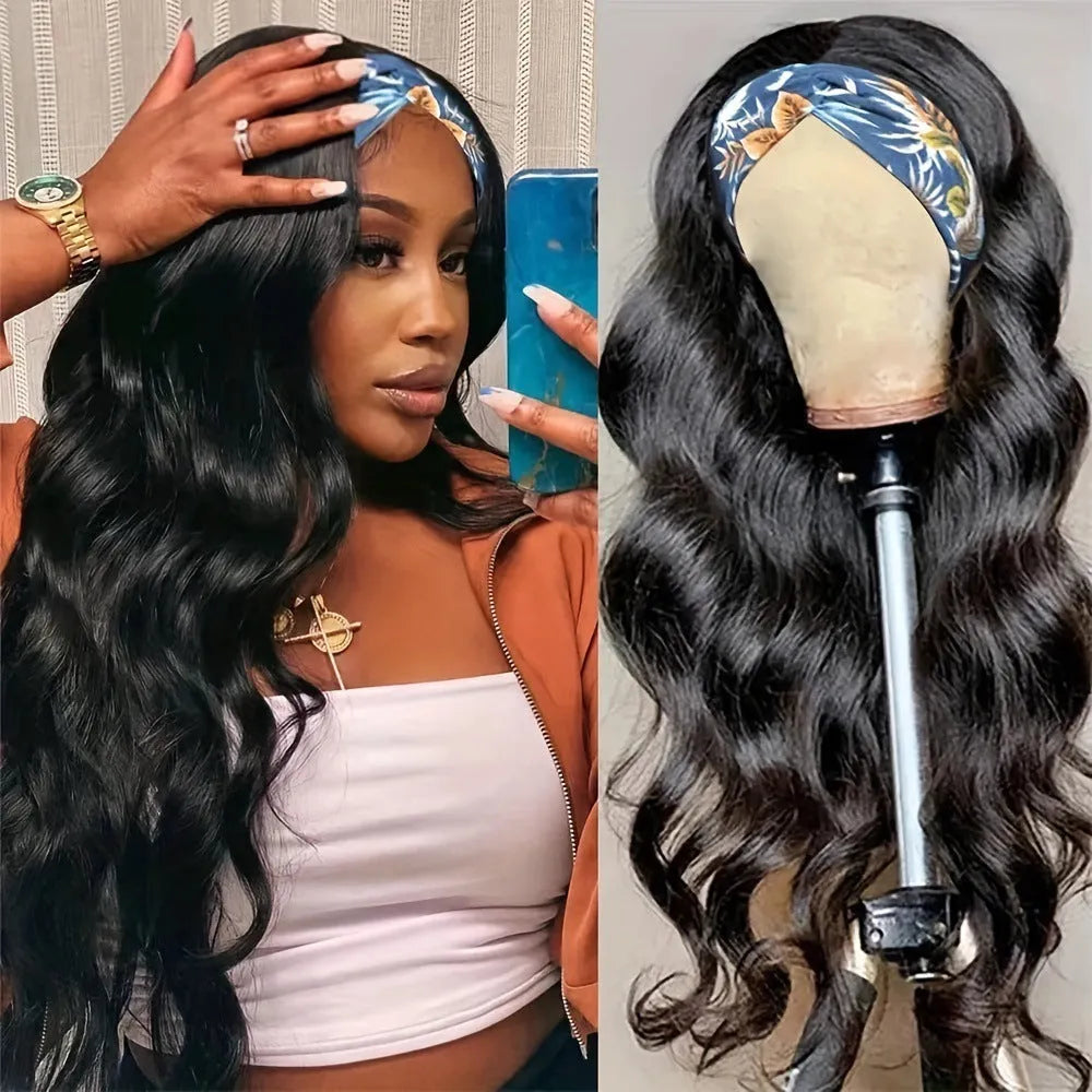 Headband wig with long straight synthetic hair in black colour option