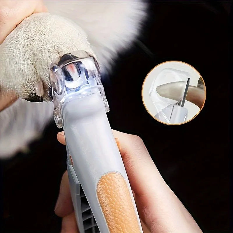 Yellow pet nail trimmer with LED lights, magnifying glass, and comfortable grip for dogs and cats