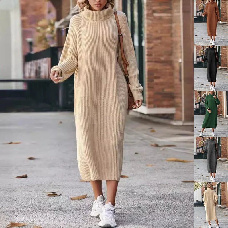 Cozy winter turtleneck knit dress for women in various colors