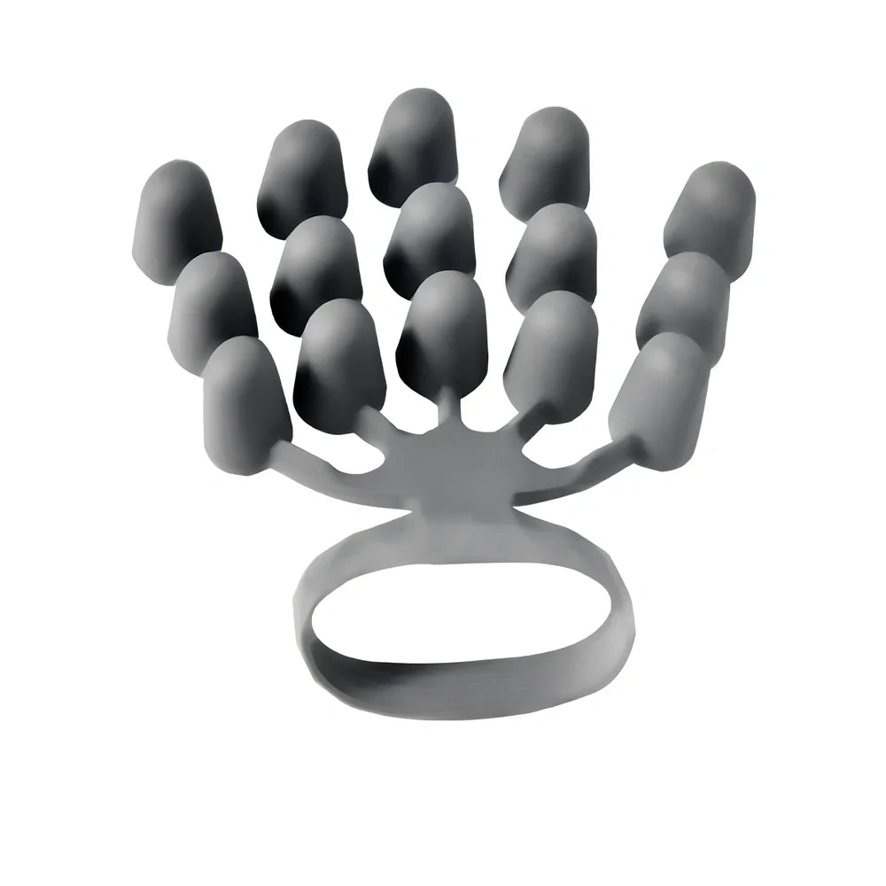 Black silicone finger tensioner with adjustable gears for strength training, showing 14cm size