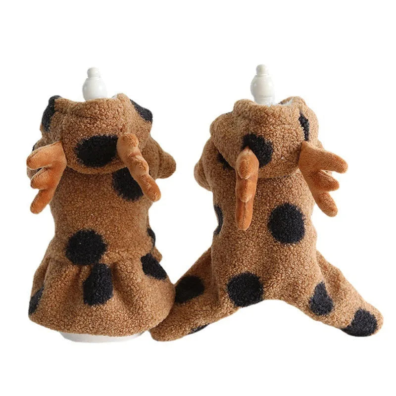 Polka dot elk design pet clothing for cat or dog, shown in four-leg and skirt style options.