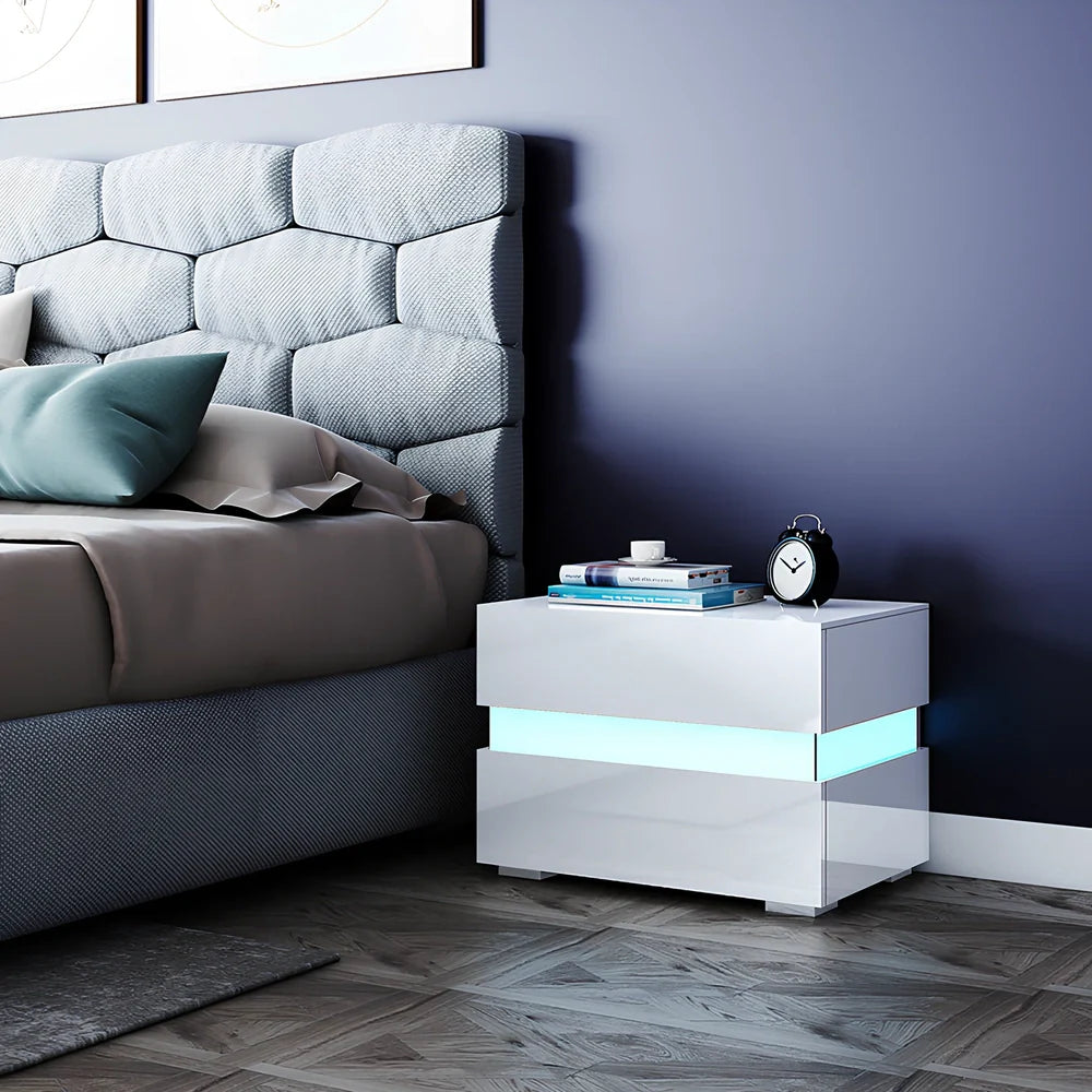 White minimalist two-drawer bedside chest with integrated RGB LED lighting