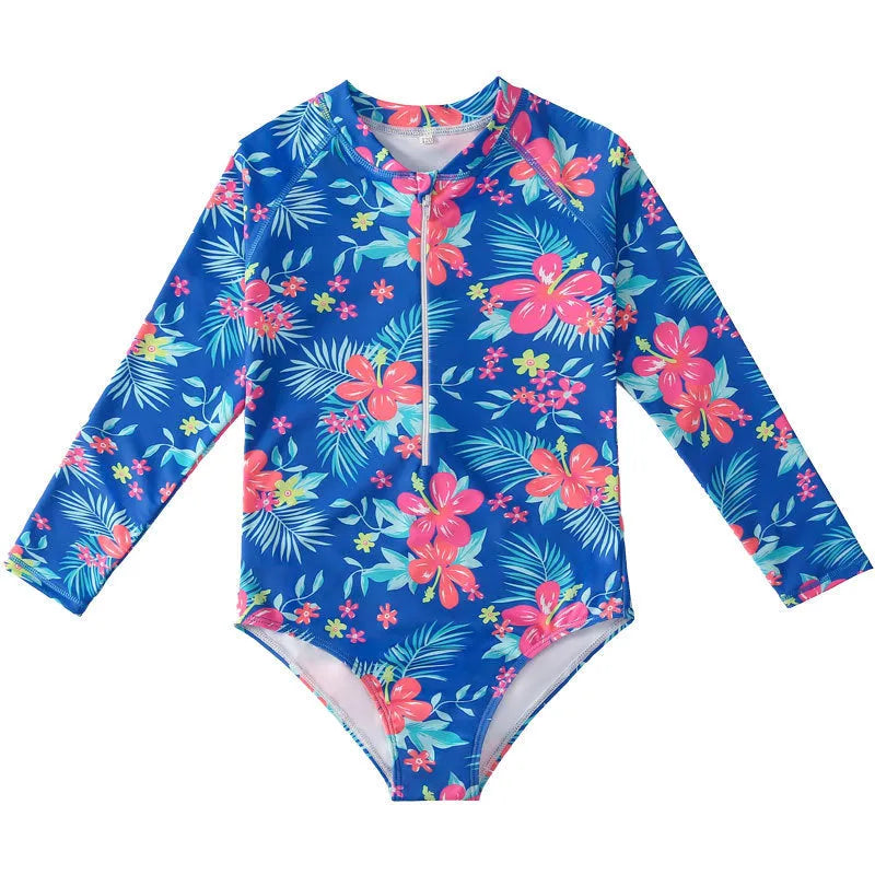 Girl's long-sleeve one-piece swimming suit in a briefs style on a hanger.