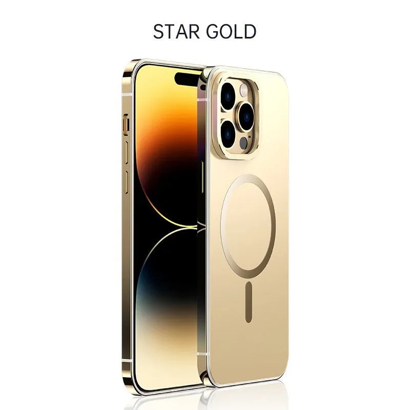 Magnetic suction iPhone case in Desert Gold with stainless steel and acrylic half-pack design and laser finish.