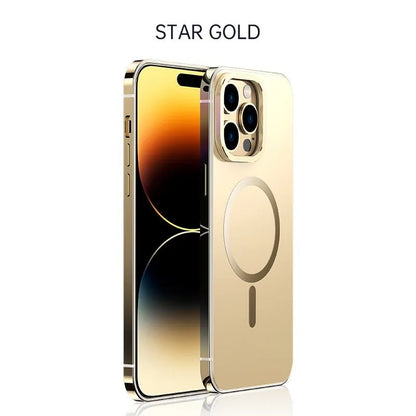 Magnetic suction iPhone case in Desert Gold with stainless steel and acrylic half-pack design and laser finish.