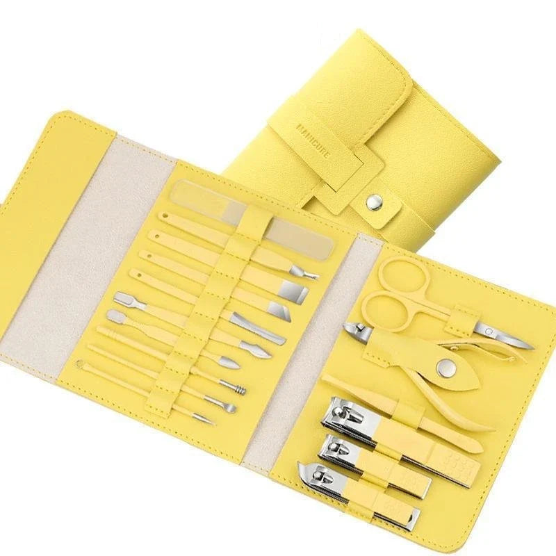 Premium 16-piece manicure set with sleek leather case, including nail clippers, scissors, tweezers, and other grooming tools