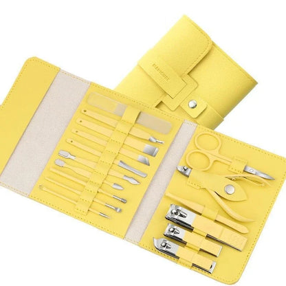 Premium 16-piece manicure set with sleek leather case, including nail clippers, scissors, tweezers, and other grooming tools