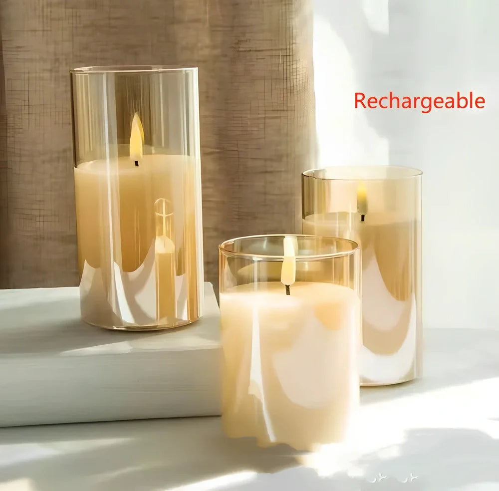 Electroplated glass LED electronic candle with gold finish and realistic flame simulation