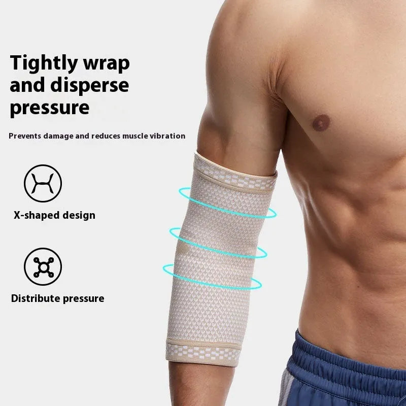 Knitted nylon elbow guard in black blue, black grey or skin colour, sizes S M L XL, single sports elbow pad