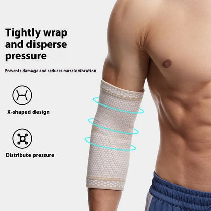 Knitted nylon elbow guard in black blue, black grey or skin colour, sizes S M L XL, single sports elbow pad