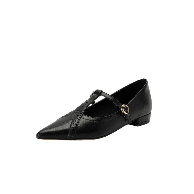 Brown pointed toe low-cut flat shoes for women with a soft sole and mid heel.